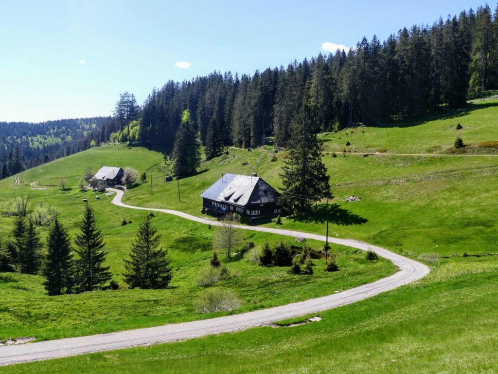 vue sur fermes en bois aux toits immenses dans un paysage de montagne