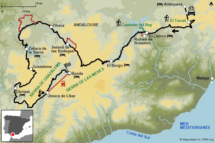 carte de l'itinéraire vélo à travers l'Andalousie
