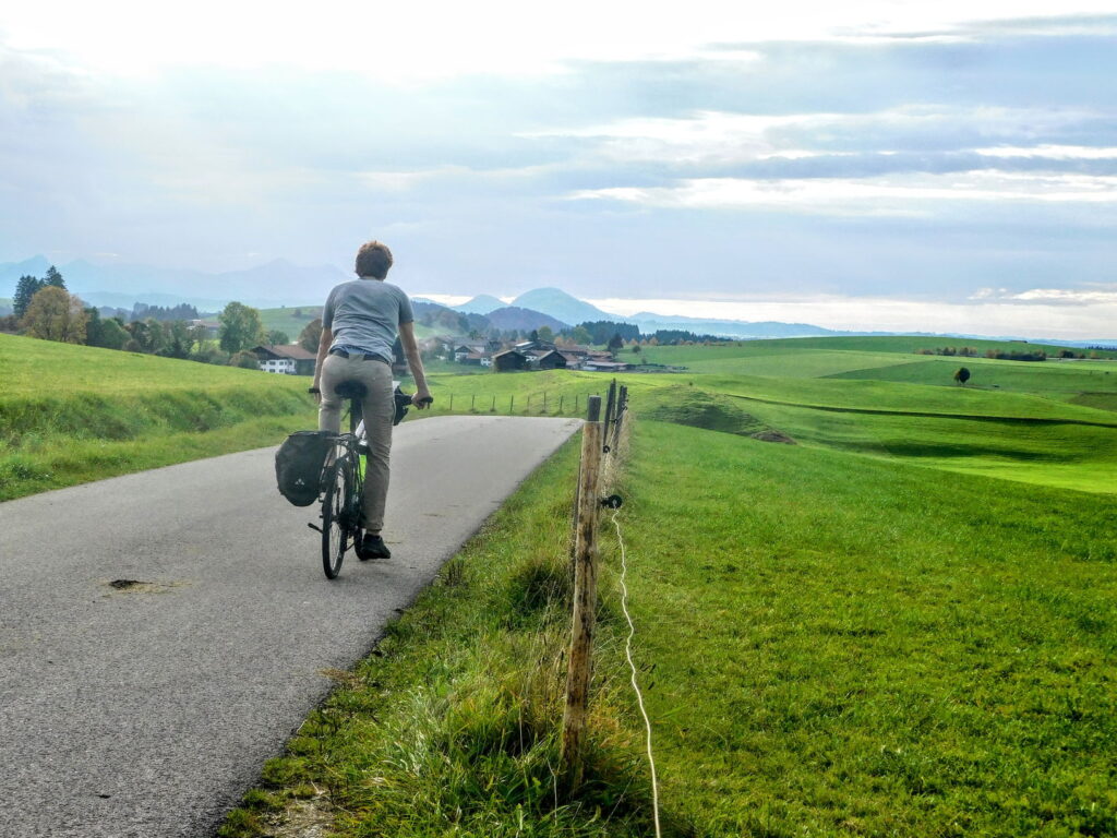 cyclist in alpine landscape