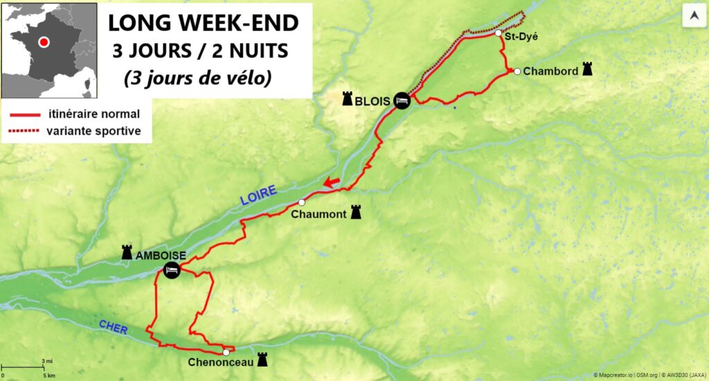 carte d'un itinéraire de 3 jours autour des châteaux de la Loire