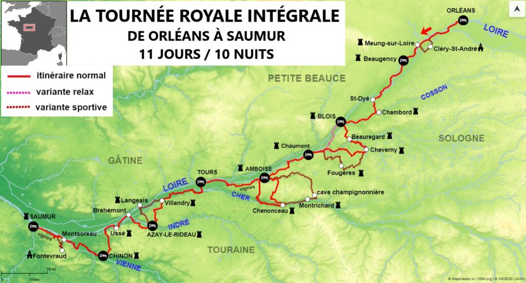 carte d'un itinéraire vélo le long de la Loire, de Orléans à Saumur
