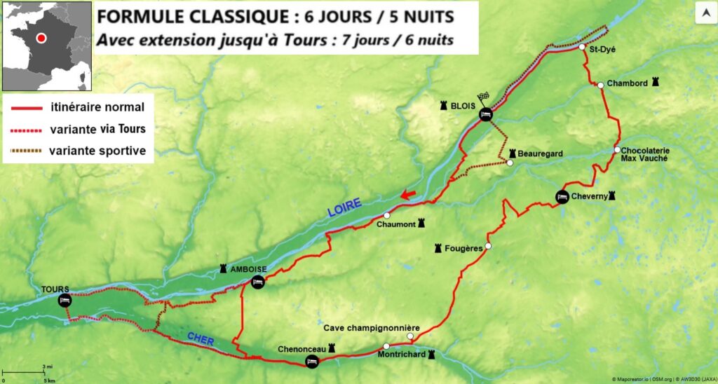 carte du circuit en boucle à travers les châteaux de la Loire