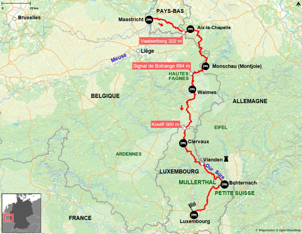 carte de l'itinéraire de l'odyssée des 4 pays à vélo