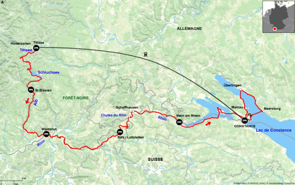 Carte de l'itinéraire entre la Forêt-Noire et le lac de Constance