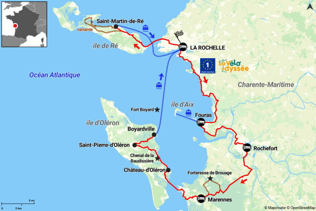 carte du circuit de la Vélodyssée et des îles charentaises en famille