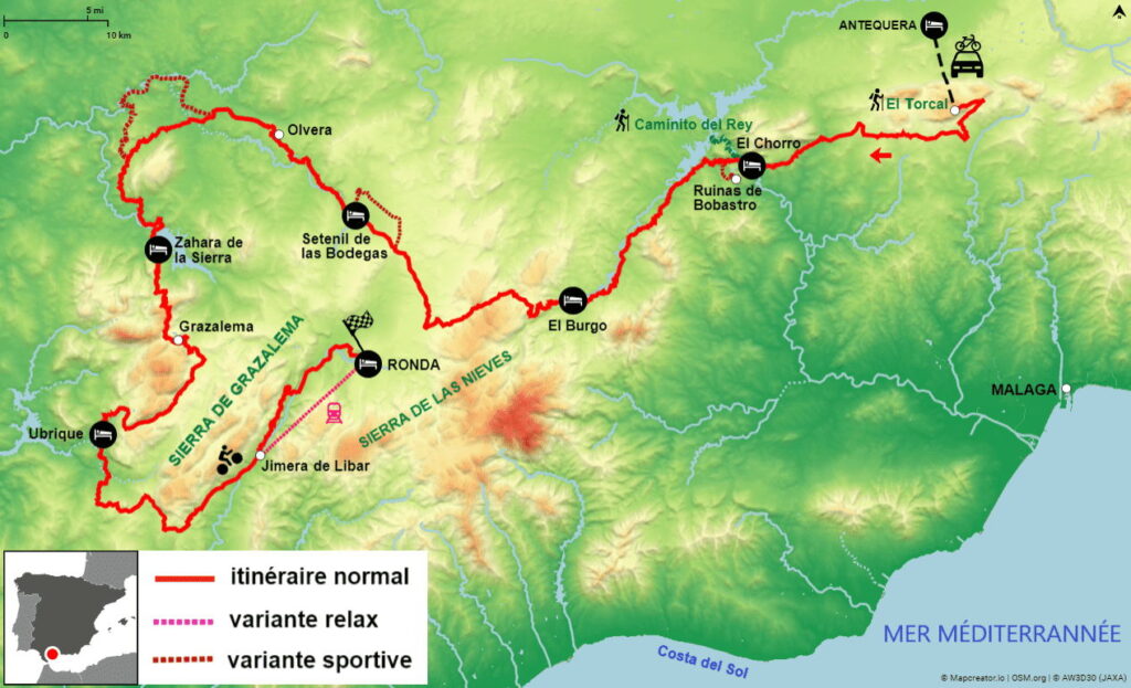 carte du circuit à vélo en Andalousie