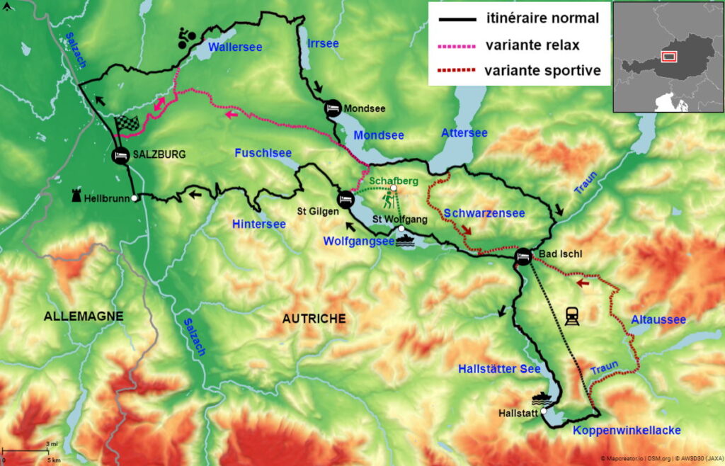 carte du circuit à vélo dans les lacs du Salzkammergut en Autriche